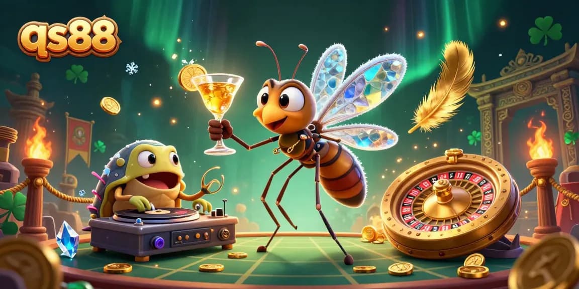 Engaging illustration showcasing qs88 with a frozen mosquito mascot and trilobite DJ in a vibrant casino setting.