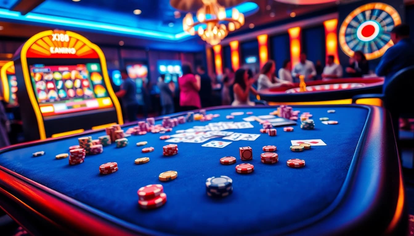 Betting at a hustling casino table featuring XX88 poker chips and cards.