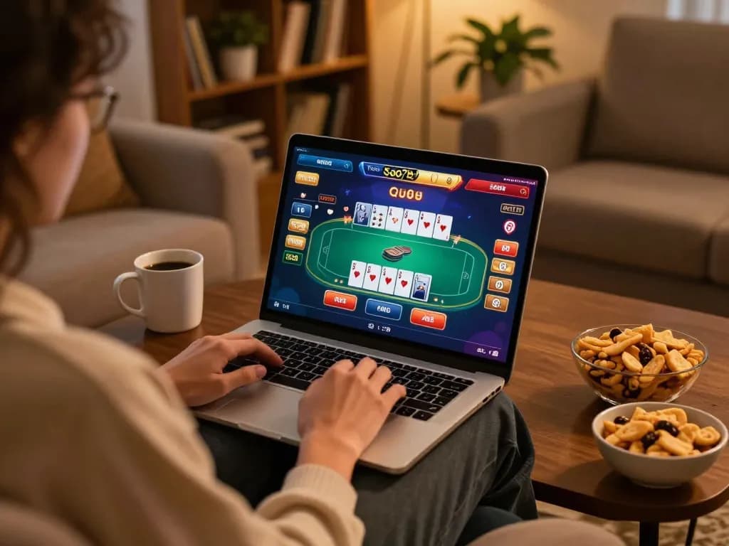 Sao789 player engaging in an online poker game using a laptop in a cozy home setting.