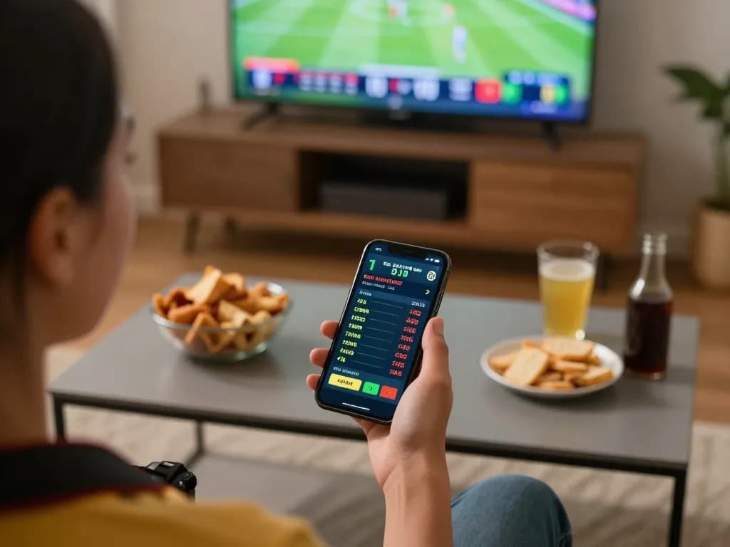 Dynamic online sports betting scene showcasing Link cập nhật sky88 on a smartphone while enjoying a live game at home.