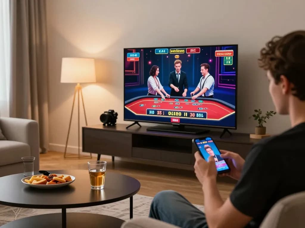 Engaged player using smartphone for FC88 online gambling while enjoying snacks