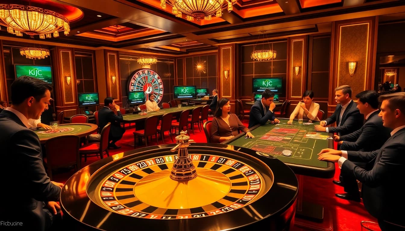 KJC players engaging in high-stakes gambling at a luxurious casino, surrounded by roulette and poker elements.