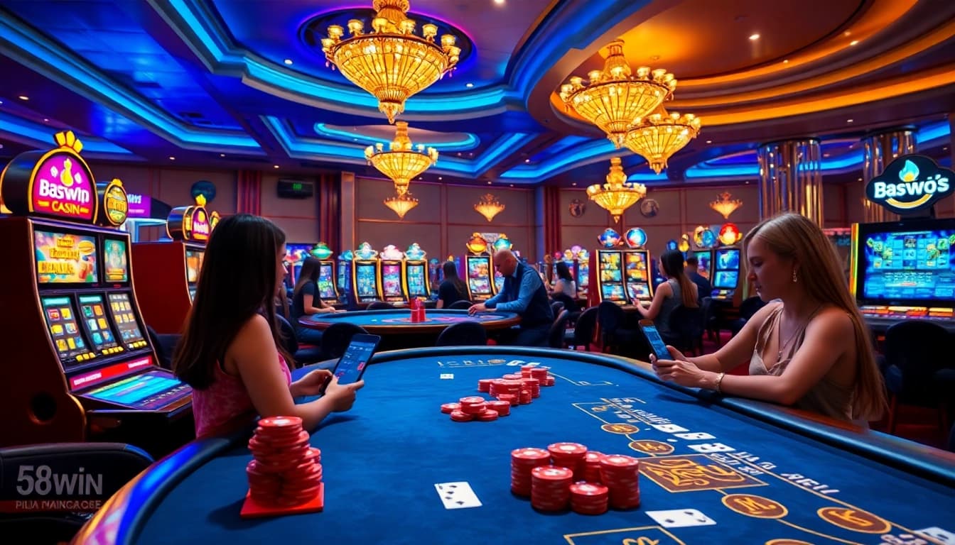 Experience the excitement of 58win vip casino with colorful slot machines and poker chips.