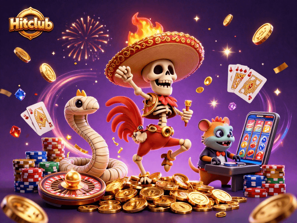 Hitclub thrills with a skeleton mariachi rooster celebrating among golden gaming treasures in a vibrant casino scene.