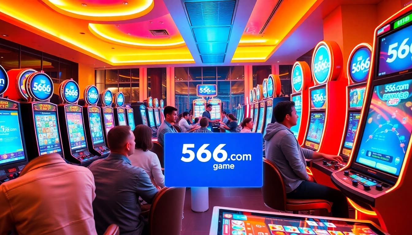 Exciting scene of players enjoying 566.com game in a modern online casino setting with vibrant lights.