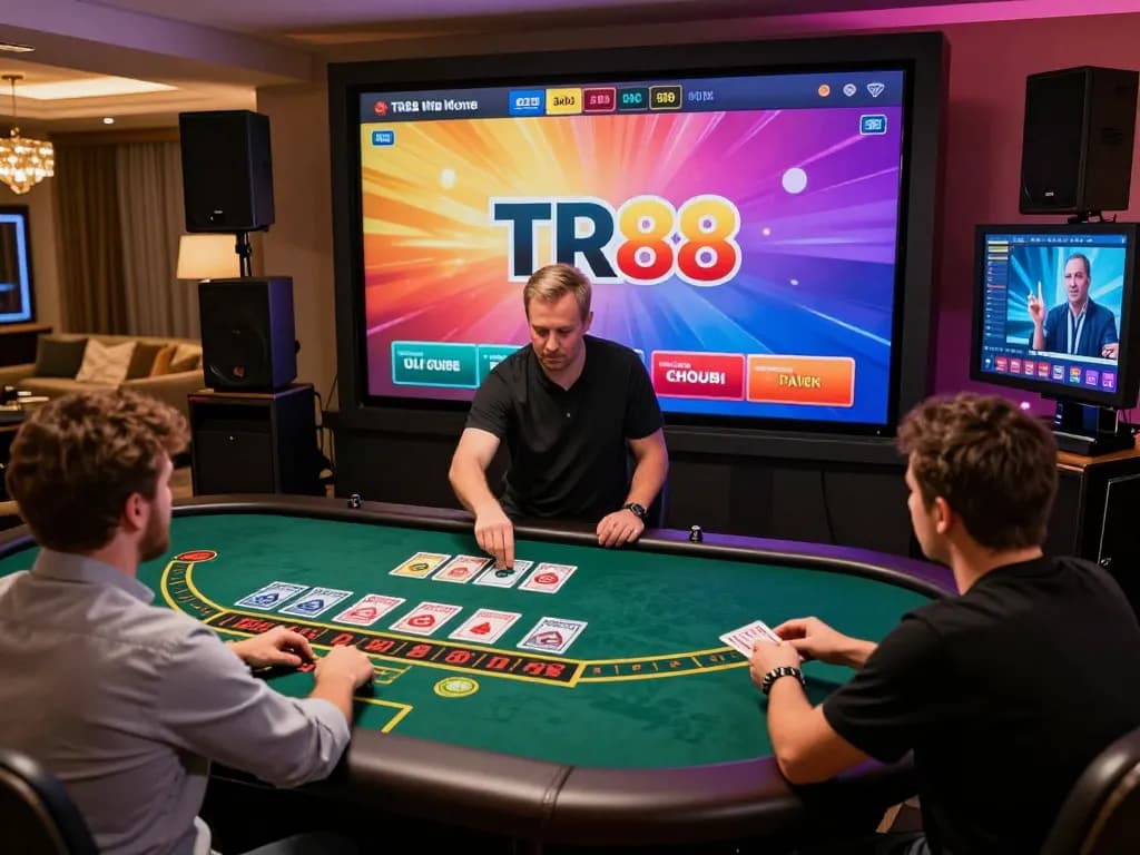 Players engaging in a thrilling TR88 live dealer blackjack game in a comfortable home setting.