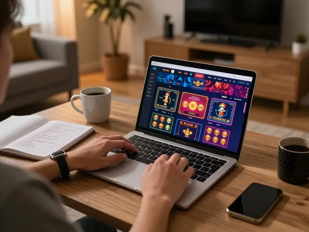 Engaging in online gambling with luck8l on a laptop, showcasing vibrant game interface