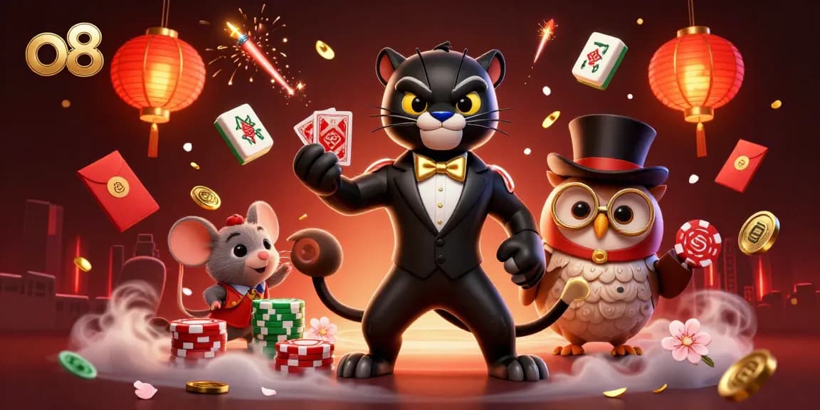 Play at o8 with stylish characters featuring a tuxedo panther, owl, and vibrant casino elements.