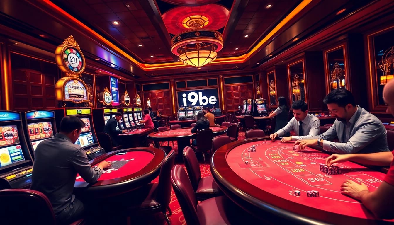 Players enjoying thrilling games at i9bet's luxurious casino scene with vibrant slot machines and poker tables.