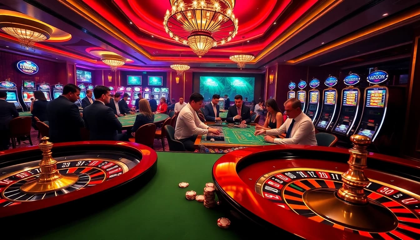 Experience the thrill of gambling at https://mm88.london/ with vibrant roulette, poker chips, and excited players.