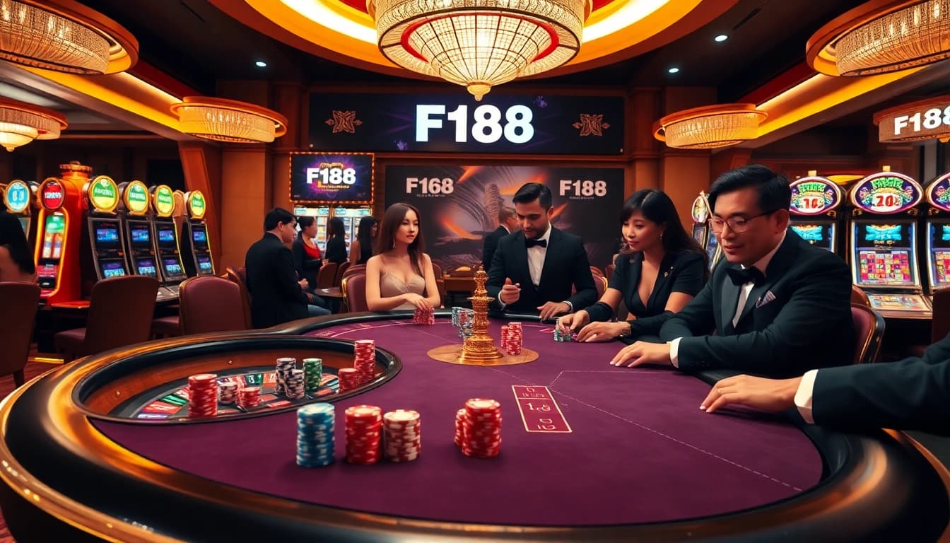 F168 casino scene showcasing an engaging poker table and electrifying roulette wheel with vibrant lighting.