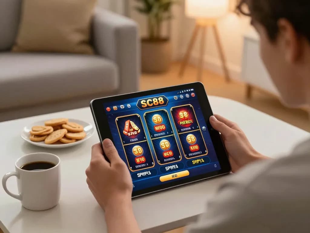 Engaged player exploring SC88 online casino games on a tablet, showcasing exciting gameplay and responsible gaming.