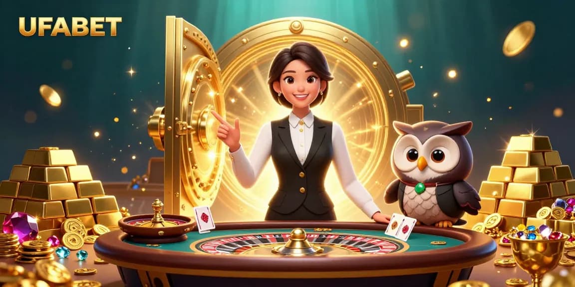 Experience thrilling gambling at UFABET with a vibrant baccarat scene, showcasing dealers and sparkling treasures.