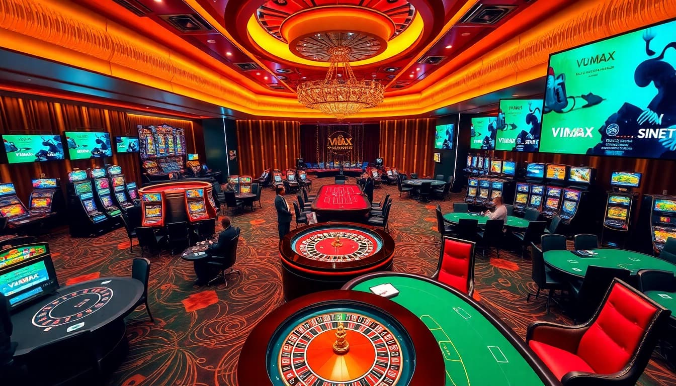 Scene at vmax.jp.net's luxury casino with players at roulette and slot machines.
