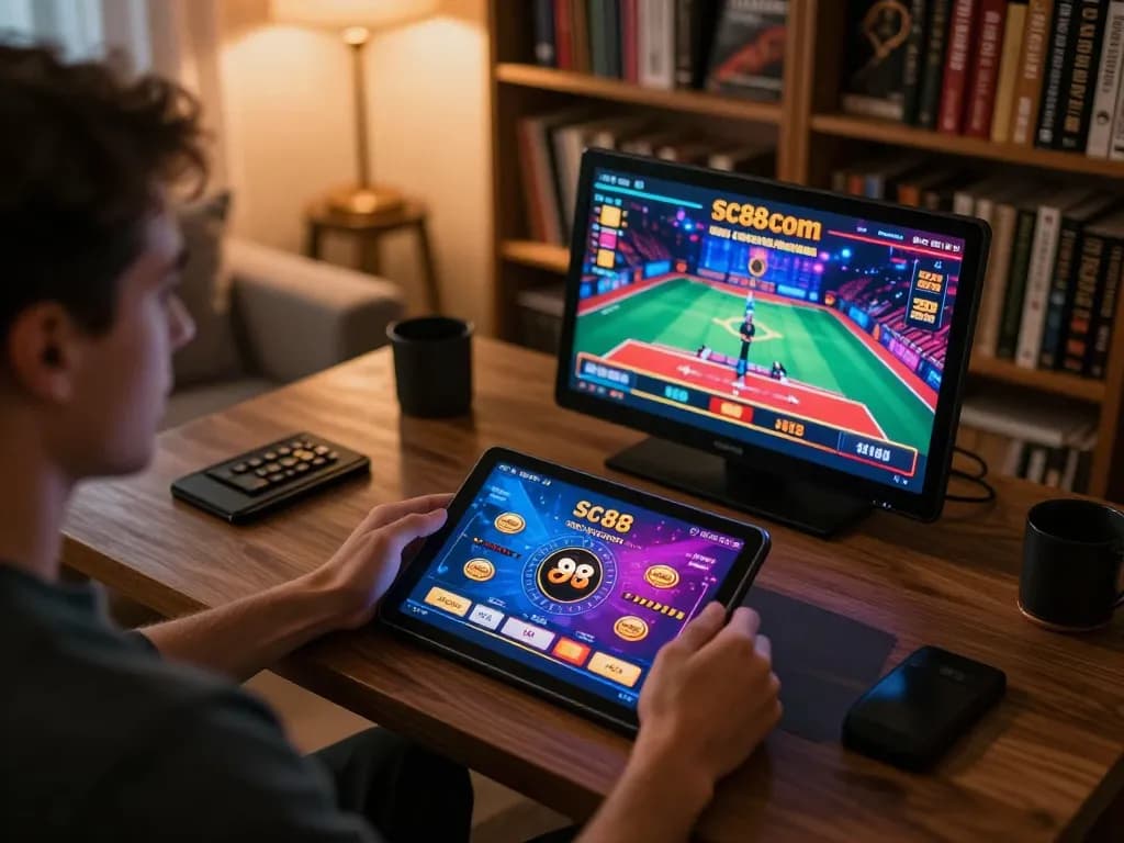 Engaging with the sc88 com app for exciting online casino gameplay in a cozy home setting.