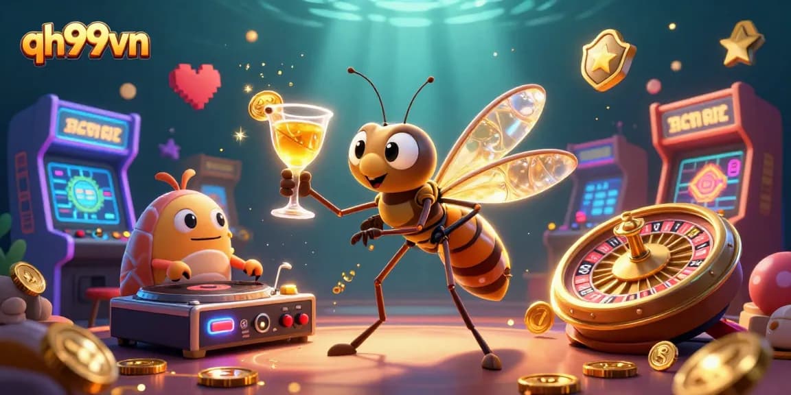 Experience thrilling moments at qh99vn with our vibrant 3D casino illustration showcasing lively game elements.