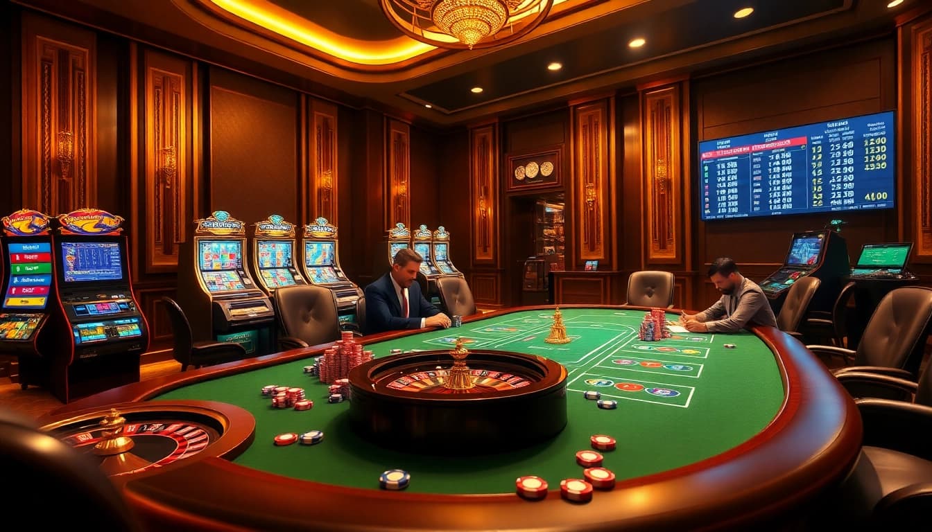 Exciting scene at Trụ Sở Nhà Cái 68VIP with players at a poker table amid vibrant casino elements.