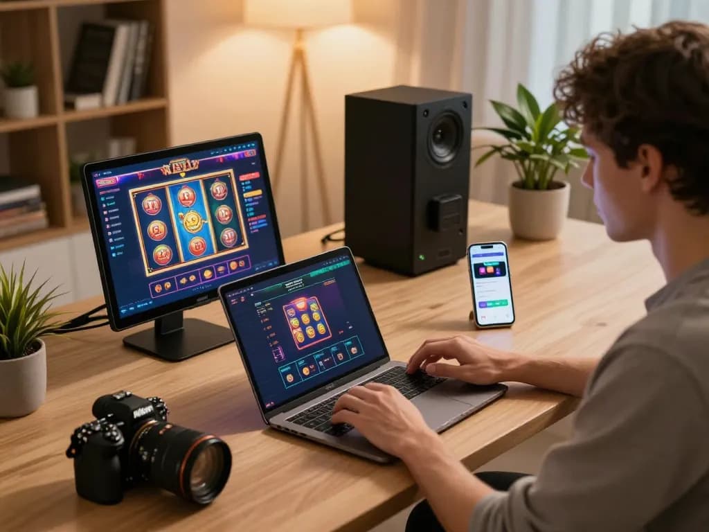 hb88 user engaging with online casino interface on laptop and tablet, showcasing strategic gaming experience.