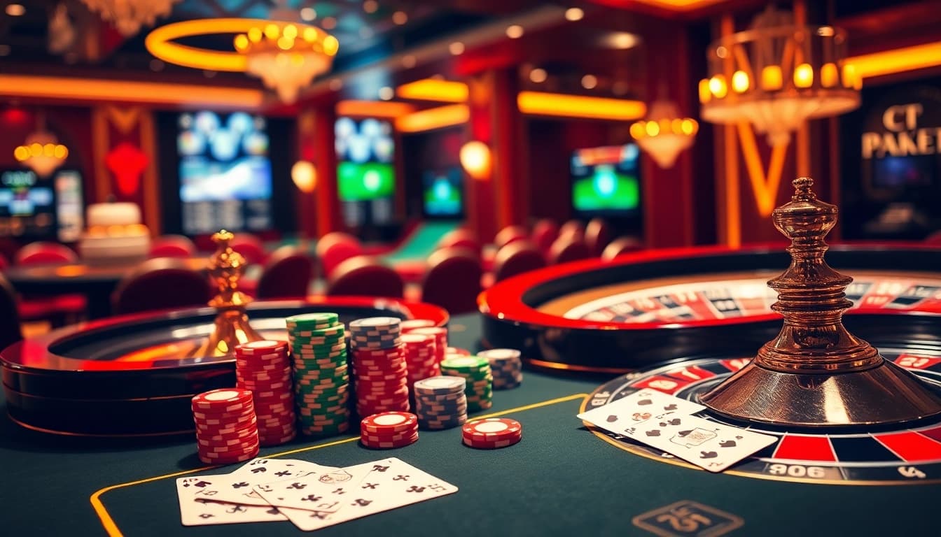 Engaging scene displaying kèo nhà cái with poker chips and roulette wheel in an elegant casino setting.