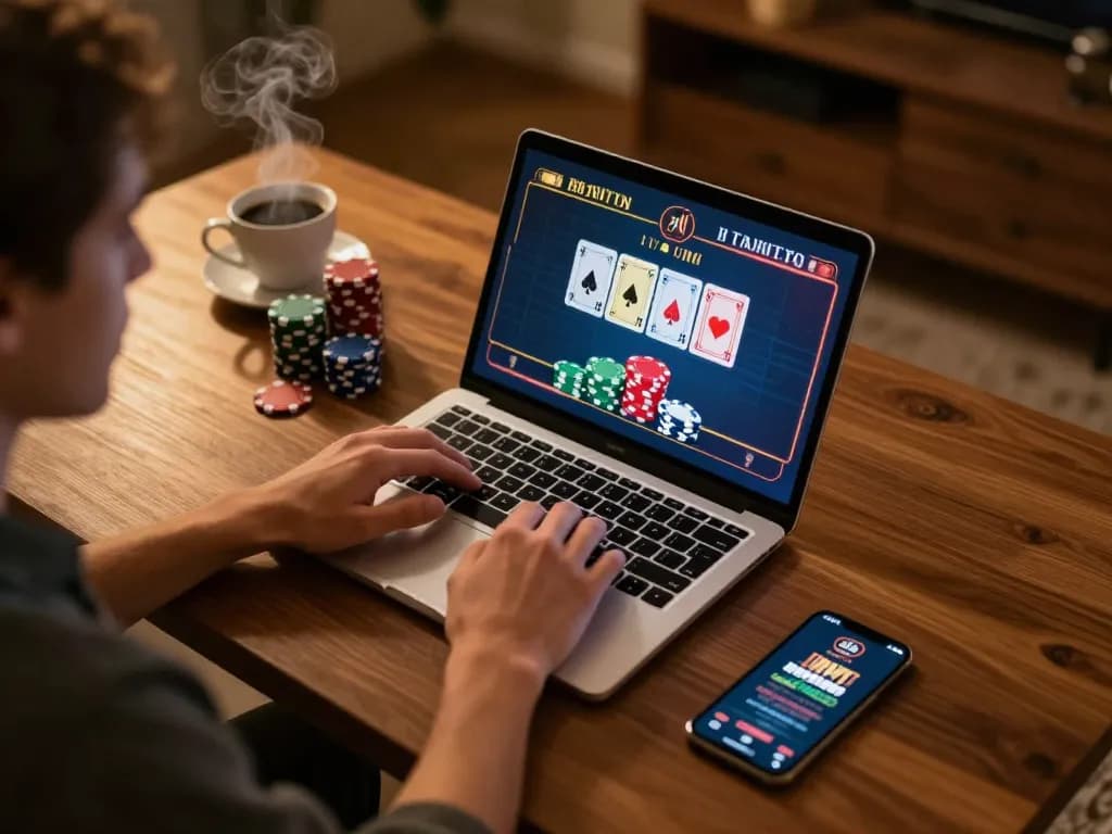 Enjoying sc 88 online casino gameplay on a laptop while managing poker chips in a cozy home setting.