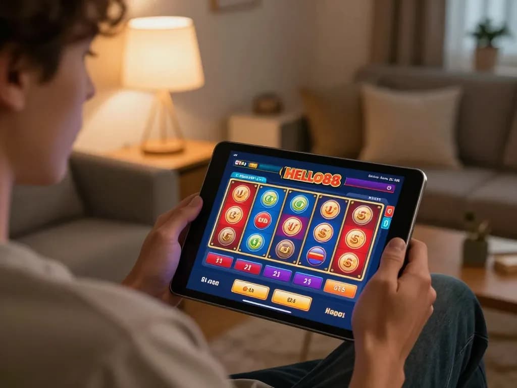 Player using HELLO88 to engage in online gambling from a cozy home setting, illustrating responsible gaming.