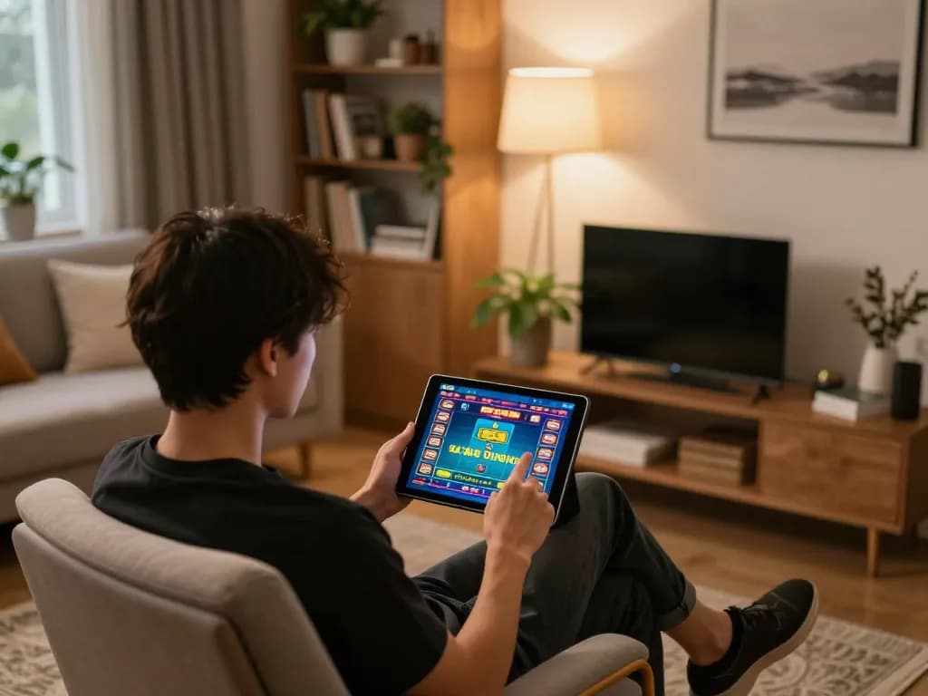 Tai Xiu online gameplay on a tablet in a cozy home setup with a focus on responsible gaming.