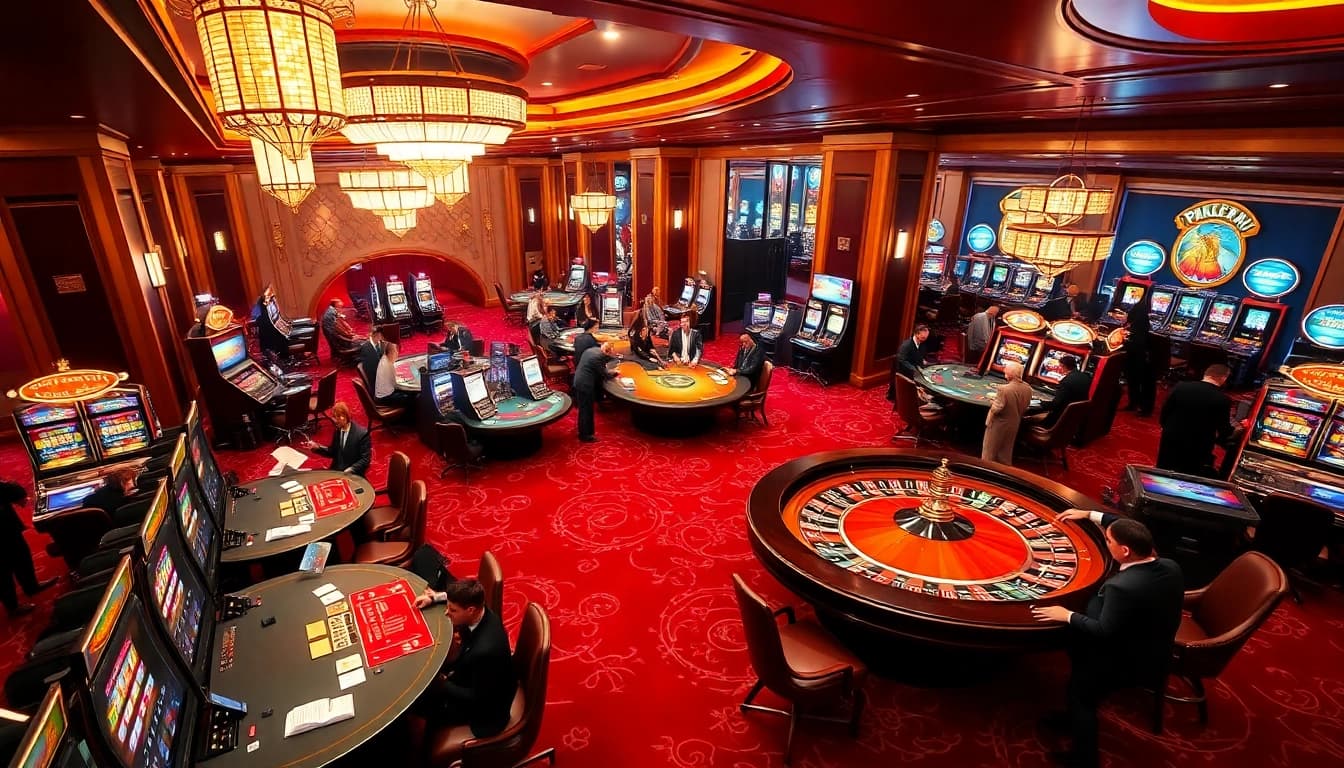 F168 casino environment with players enjoying poker and slot machines.