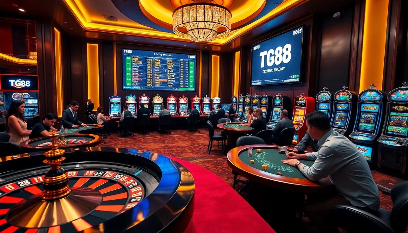 Players enjoying thrilling games at TG88 casino with vibrant slot machines and poker tables.