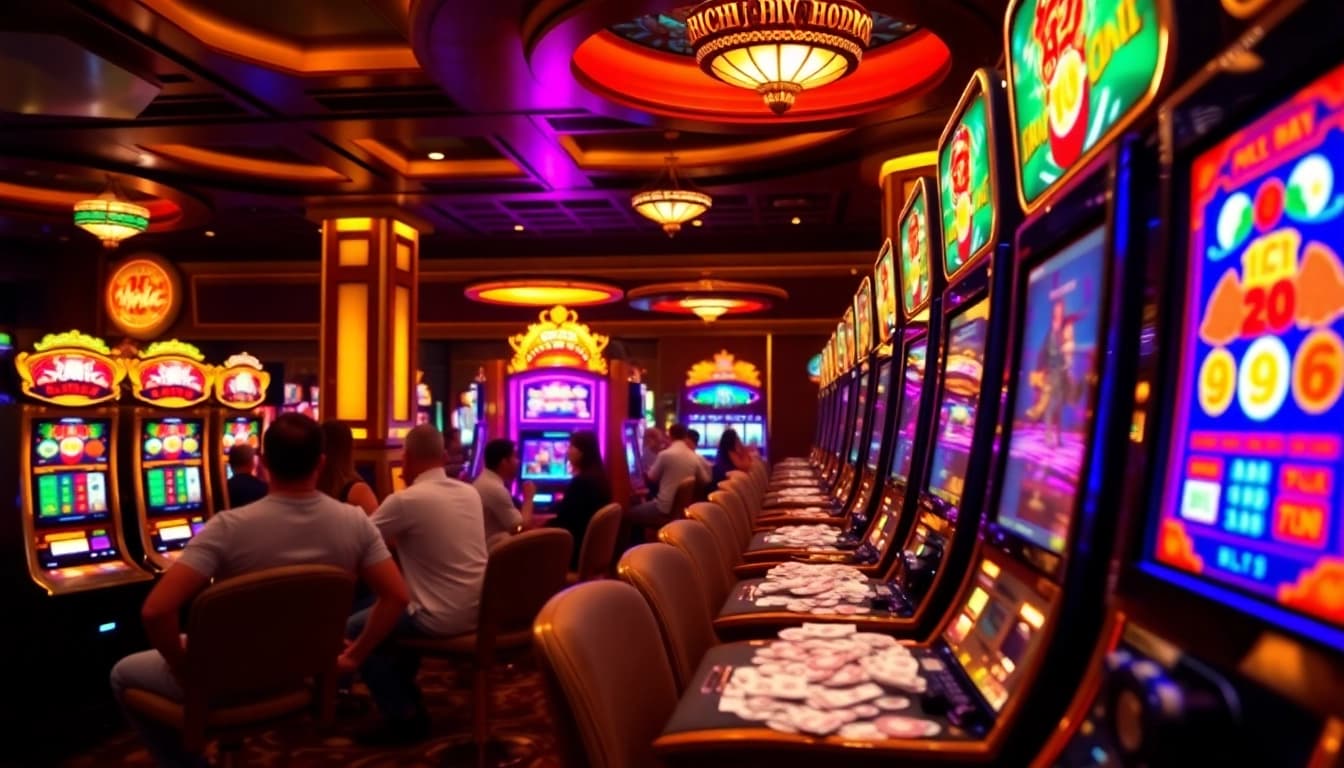 Players engaging with nổ hũ slot machines in a vibrant, luxurious casino setting.