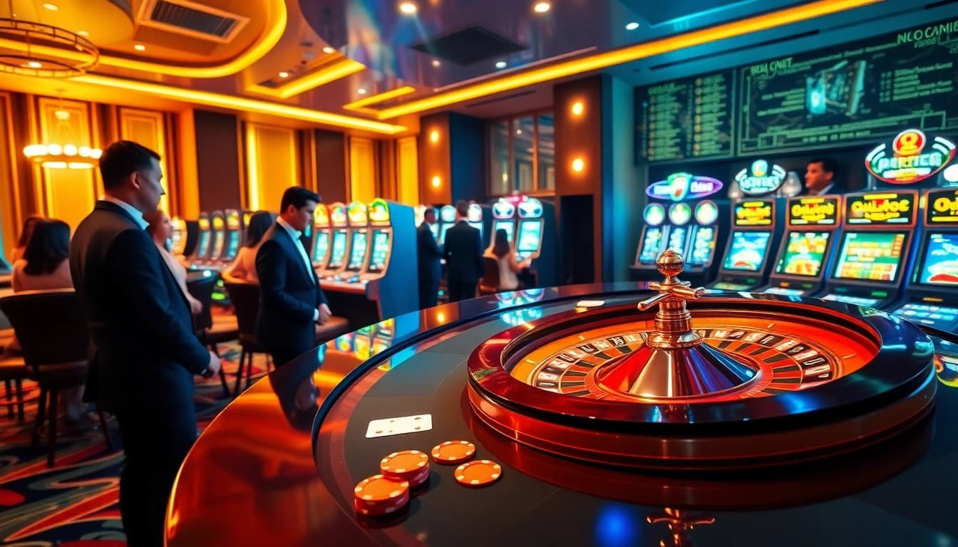 Players experiencing high-stakes gaming thrill at QQ88z Net casino, highlighted by roulette and vibrant slot machines.