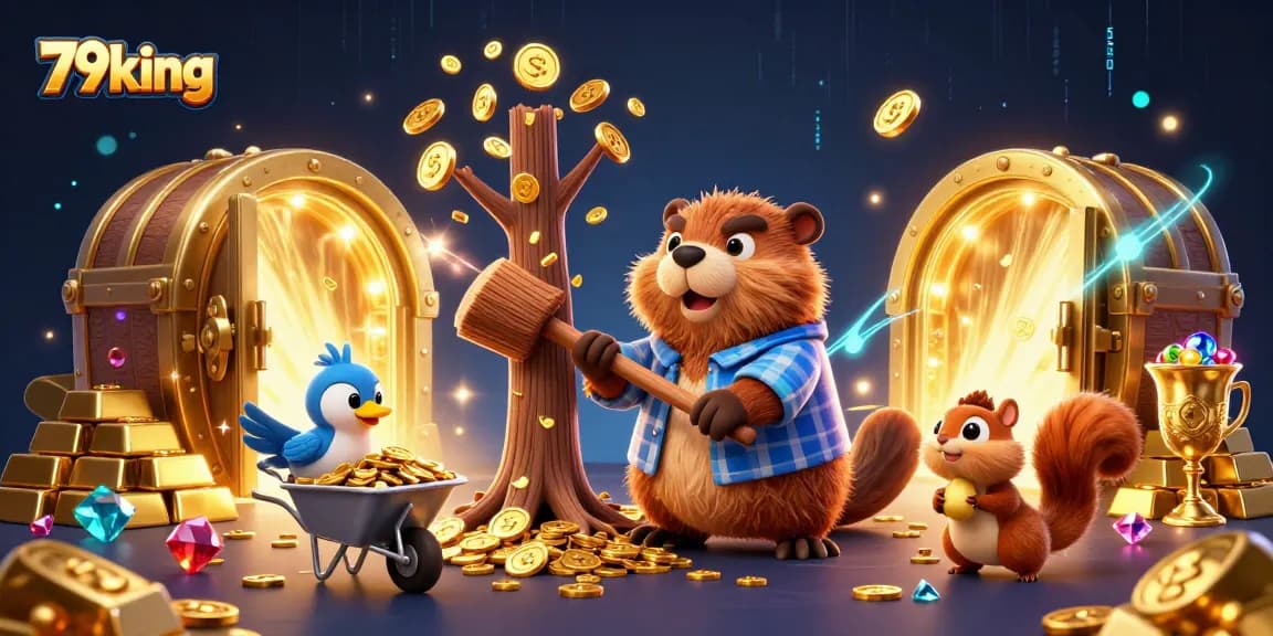 Win big with 79king in a dynamic, colorful casino scene with gold coins and treasures.