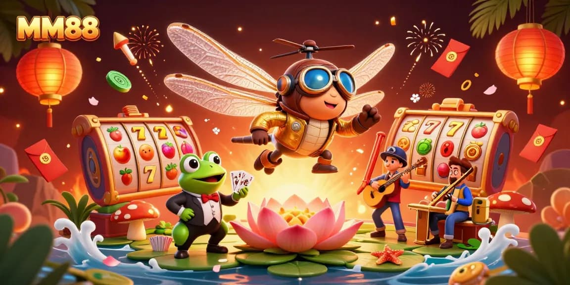 Engage with MM88’s vibrant casino scene featuring a dragonfly pilot, frog croupier, and jazz musicians.