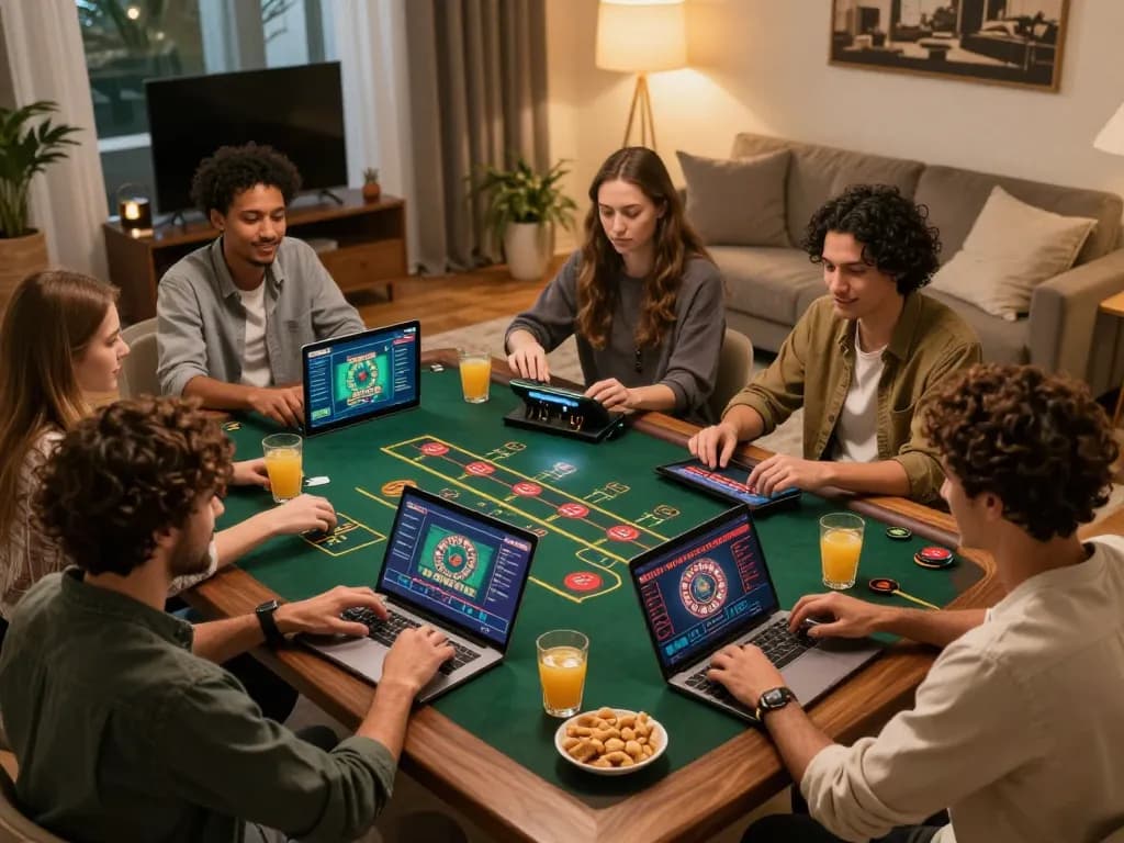 Friends engaging in thrilling live dealer games on 78winvina from a stylish home setup.