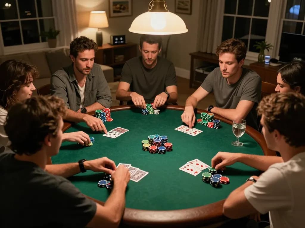 Engaged players enjoying a thrilling poker game night at https://888now.cfd/ with vibrant chips and cards.