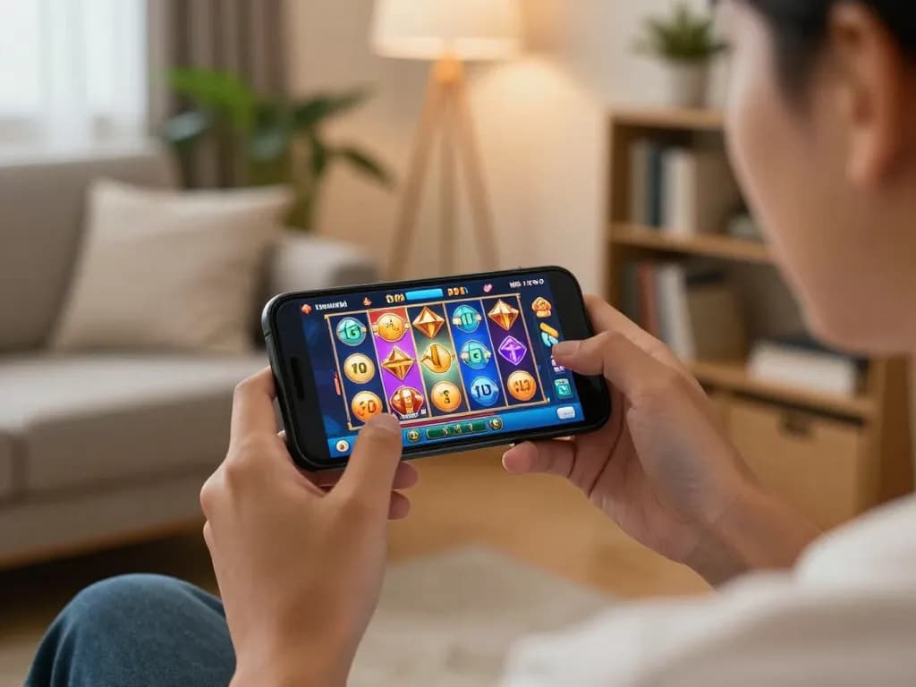 Enjoying Slot Malaysia on a smartphone in a cozy living room, showcasing responsible gaming.