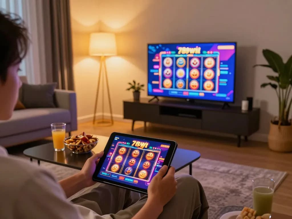 Experience dynamic online gaming with 789 win in a cozy home setup featuring a tablet and snack-filled table