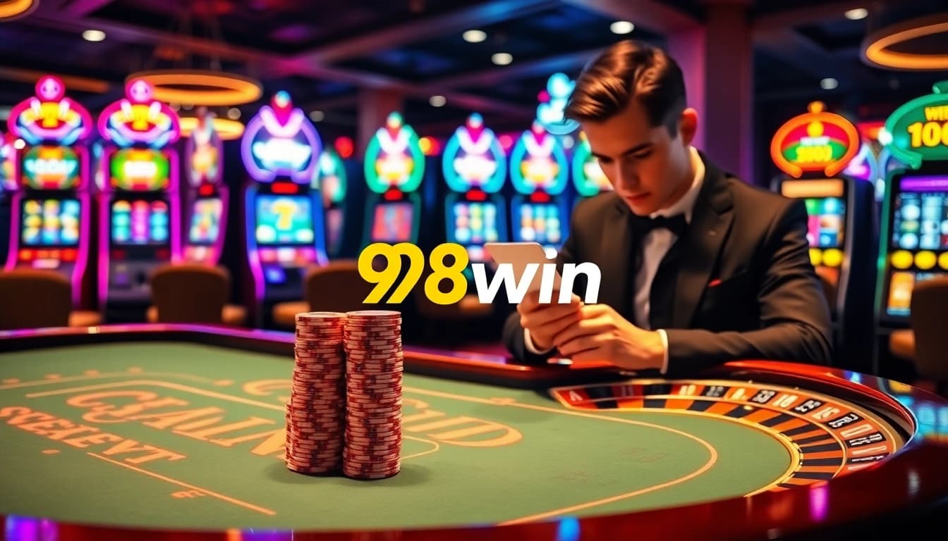 Experience the thrill of gambling at 98win with a luxurious casino atmosphere and vibrant gaming tables.