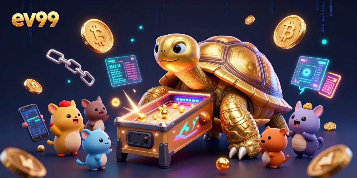Join the fun at ev99 with a golden tortoise pinball machine amidst crypto excitement!