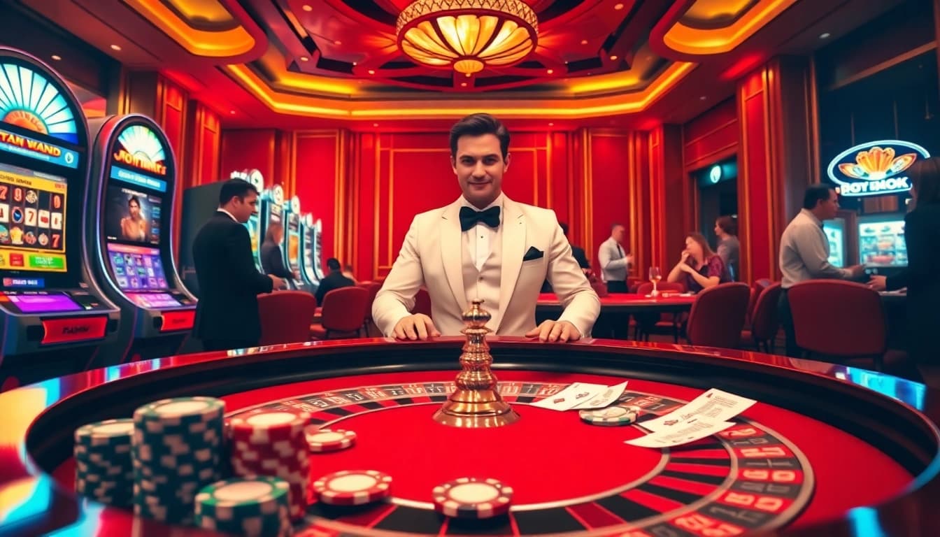 Experience the thrill of gambling with a roulette dealer in a luxurious casino, highlighting truyện net.