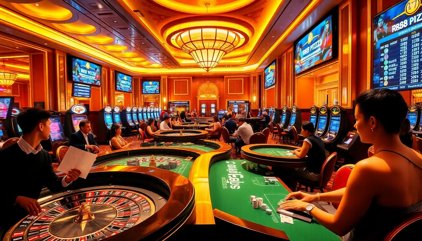 Players enjoying thrilling games at rr88.pizza casino, featuring vibrant slots, poker chips, and lively atmosphere.