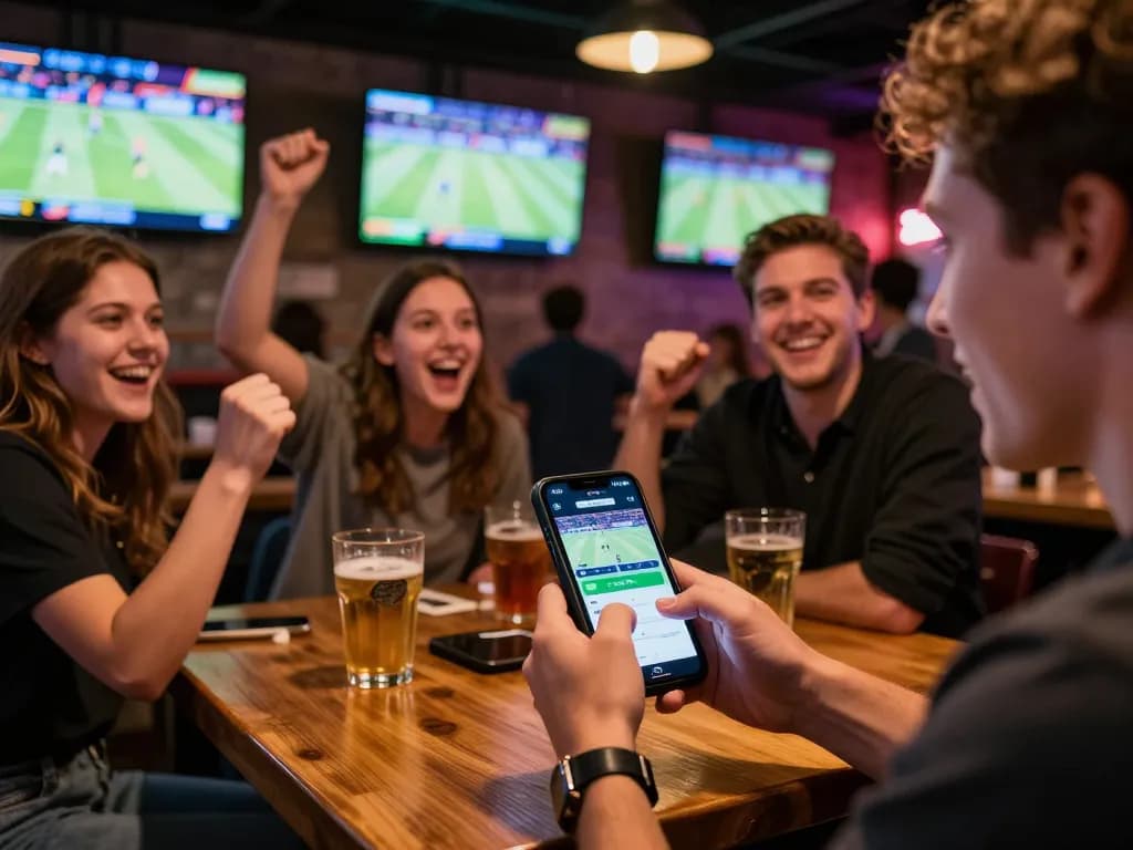 Engaged player using the ALO8 app for live sports betting amidst friends in an exciting bar setting.