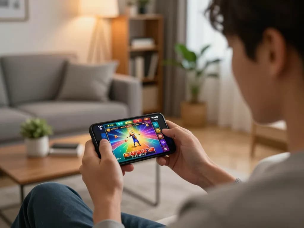 Tg88 player engaging with casino app on smartphone in cozy home setting