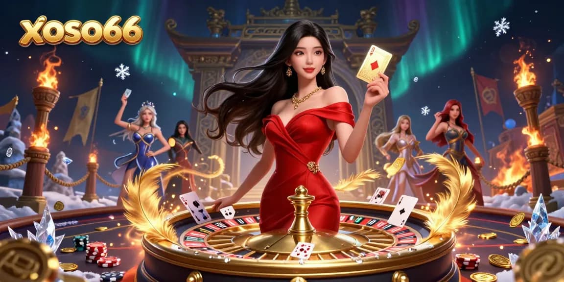 Experience thrill and excitement at xoso66 with stunning visuals of a beautiful Asian woman holding a golden playing card beside a roulette wheel.