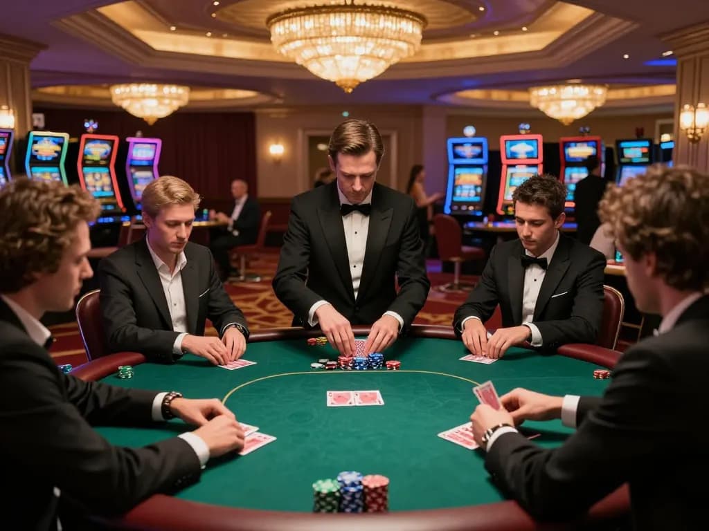 KP88 players engaged in a high-stakes poker game at an upscale casino, showcasing intense focus and strategic gameplay.
