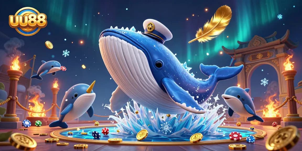 uu88 brings thrilling casino excitement with a cartoon whale and playful dolphins amidst a dynamic scene.