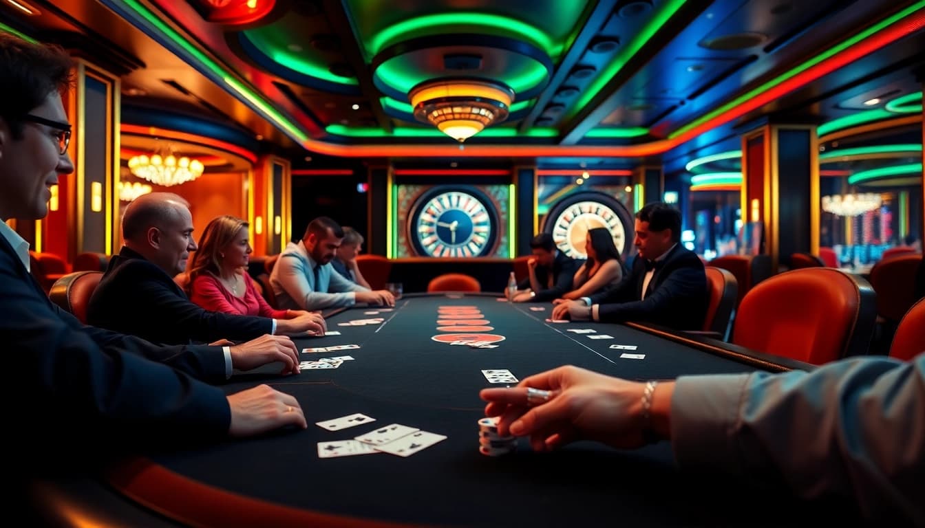 Players enjoying a thrilling game at the G28 LINK poker table in a luxurious casino setting.