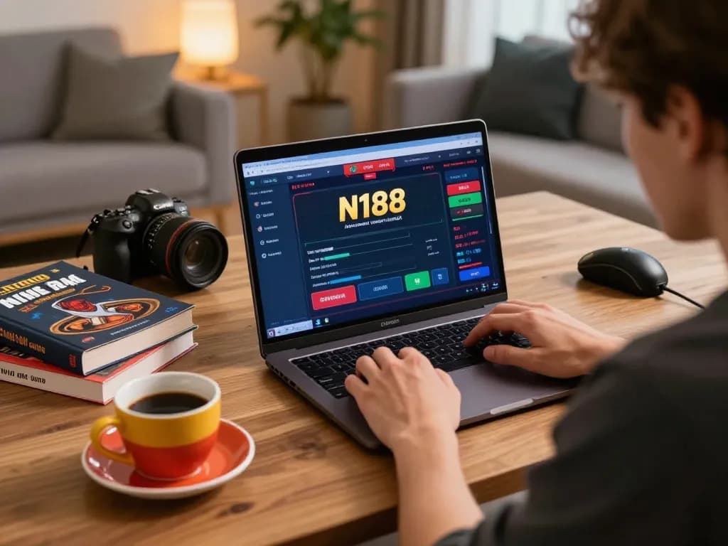 The user enjoys strategic online gambling at https://n188.build/ with vibrant laptop display and coffee in cozy home setting.