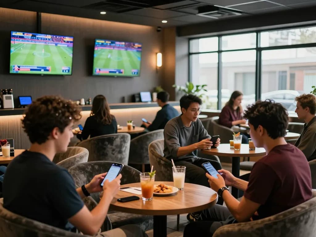 Engaged sports bettors using 789betgo app in a stylish lounge with live sports.