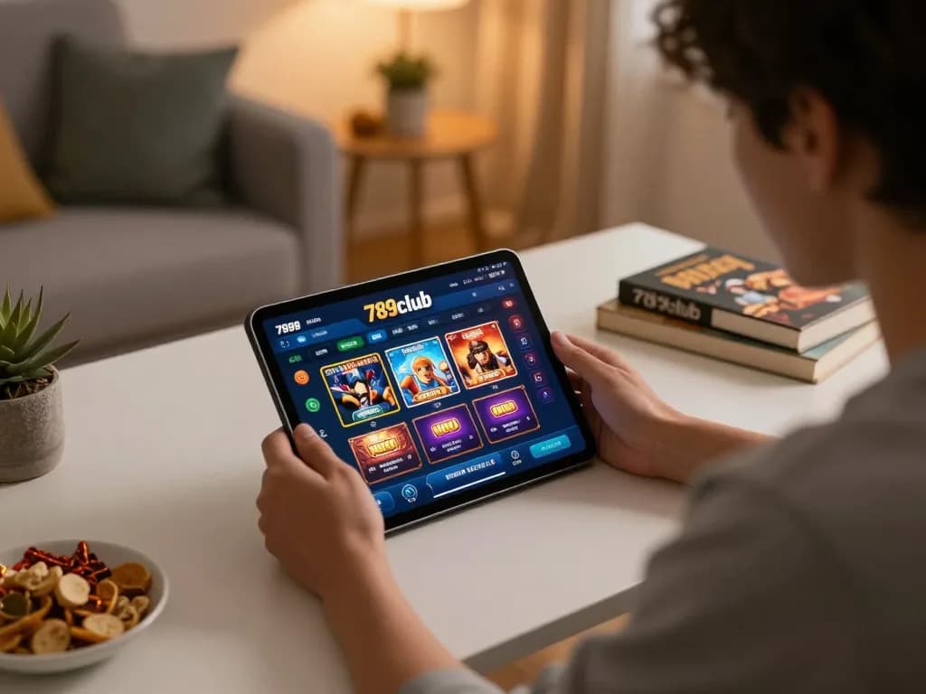 Engaging gambling experience at 789club, with a player strategizing online using a tablet