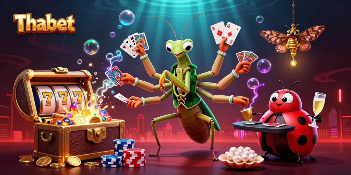 Thabet casino scene showcasing a praying mantis dealing cards among vibrant gaming elements and a ladybug pit boss.